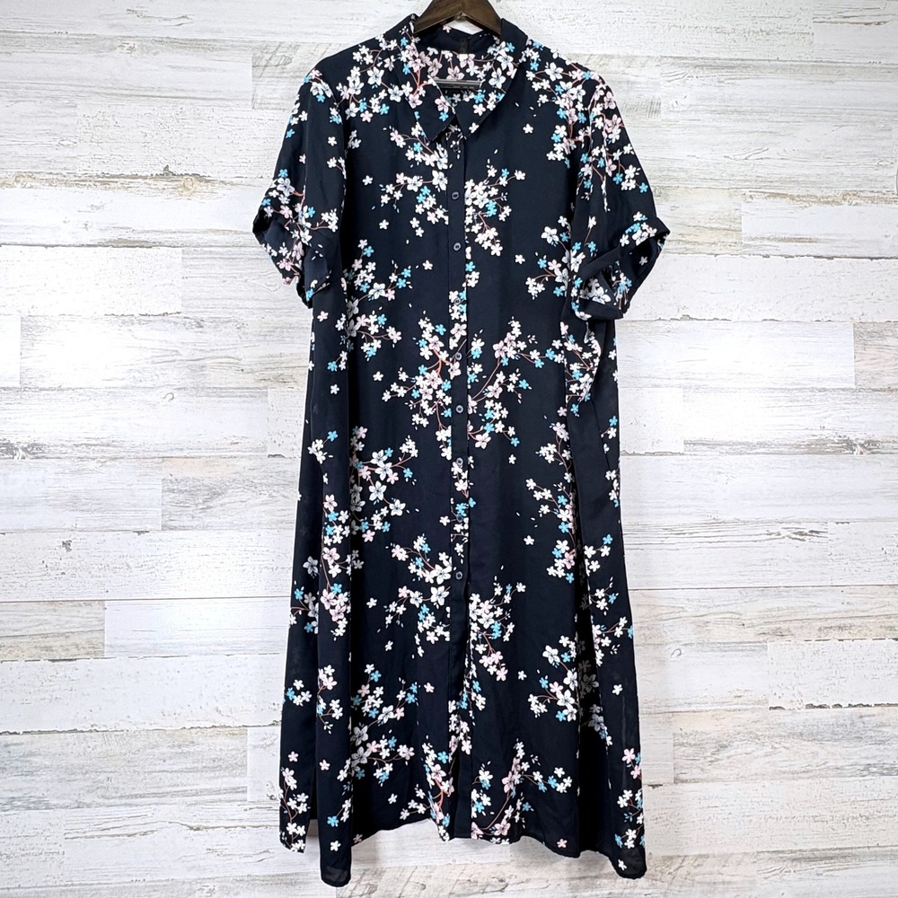 Lane Bryant Shirt Dress Womens 26/28 Navy Blue Floral Button Front Cottagecore